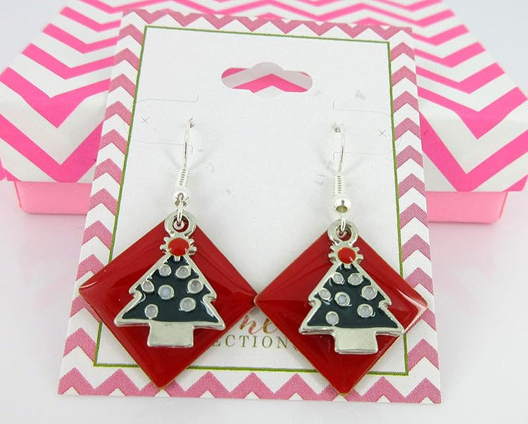 Summerfield Collection Silver-tone Red Enamel Christmas Tree Charm Dangle Earrings