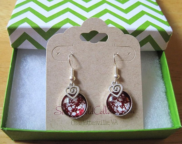 Summerfield Collection Silver-tone Red and White Glitter Glass Swirl Heart Charm Dangle Earrings Hand-painted