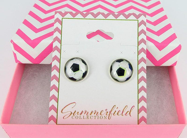 Summerfield Collection Silver-tone Soccer Ball Print Glass Stud Earrings 12mm