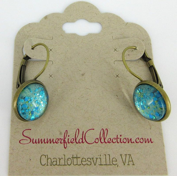Summerfield Collection Antiqued Gold-tone Seafoam Green and Blue Glitter Glass Lever-back Drop Earrings Hand-painted