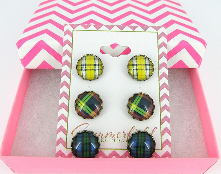 Summerfield Collection Antiqued Gold-tone Trio Plaid Print Glass Stud Earrings 12mm Set