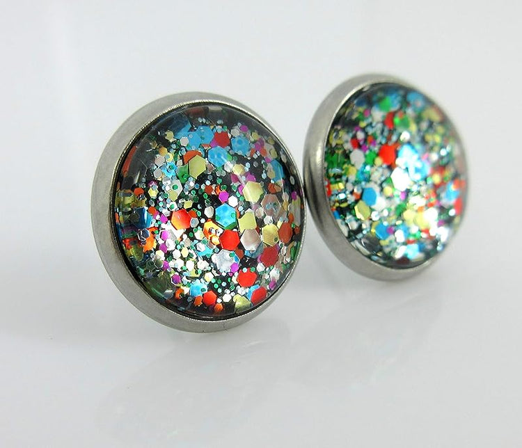 Summerfield Collection Stainless Steel Multi Color Party Confetti Glitter Glass Stud Earrings Hand-painted 12mm