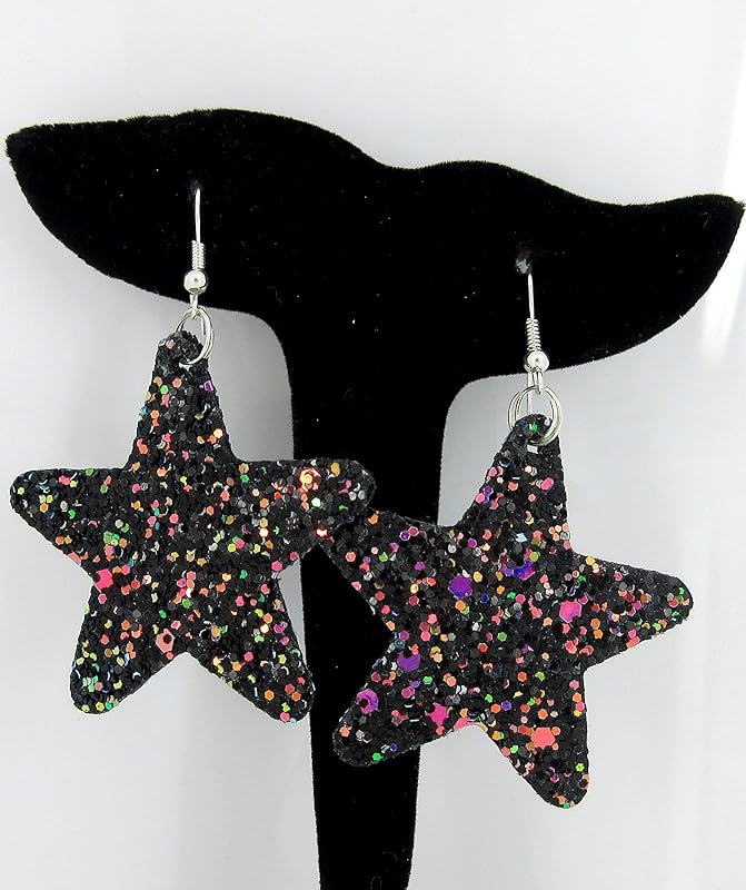 Summerfield Collection Glitter Faux Leather Large Star Dangle Earrings (Black and Rainbow)
