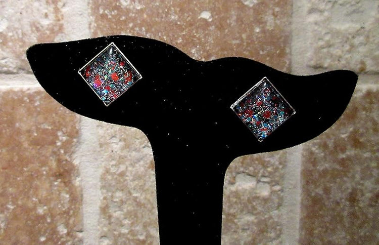 Summerfield Collection Silver-tone Aqua Blue and Red Glitter Glass Stud Earrings Hand-painted Square 12mm