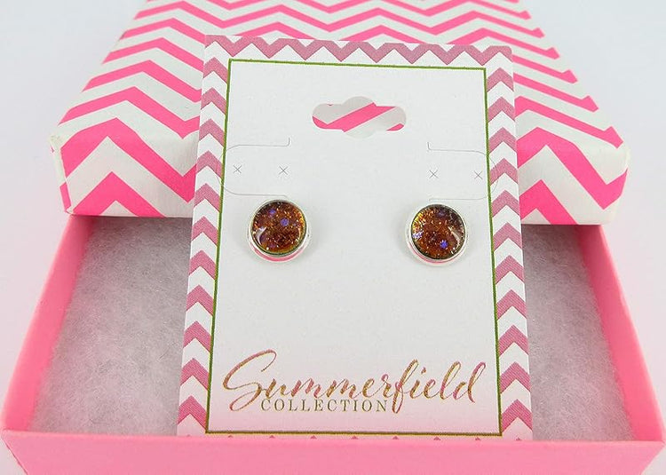 Summerfield Collection Silver-tone Bronze and Purple Glitter Glass Stud Earrings Hand-painted 8mm