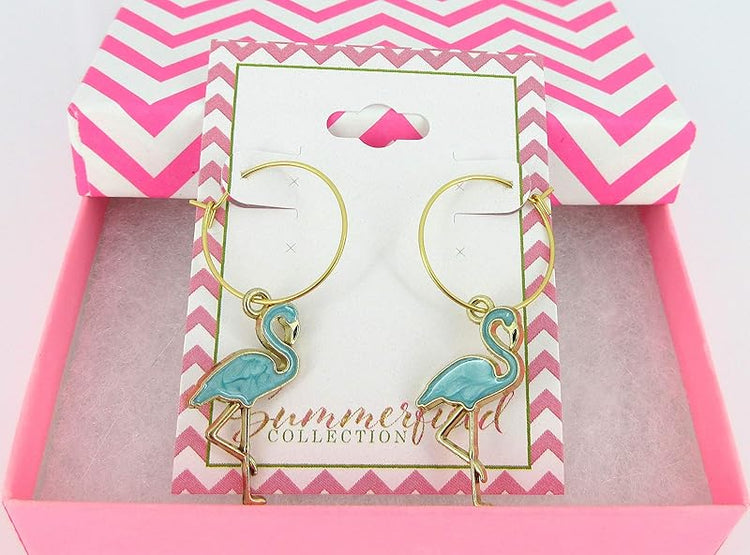 Summerfield Collection Gold Stainless Steel Teal Green Blue Flamingo Charm Hoop Earrings