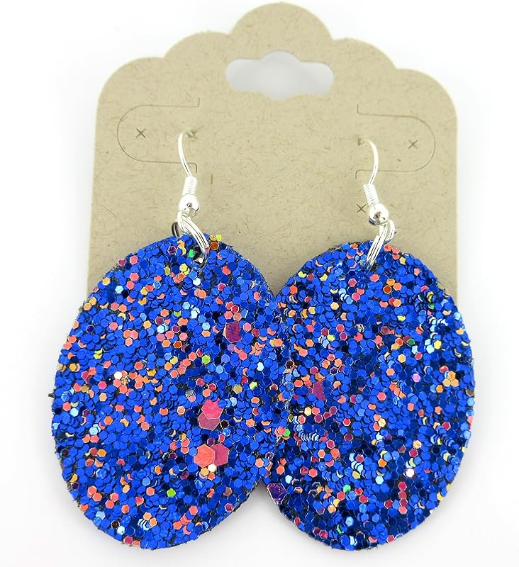 Summerfield Collection Silver-tone Glitter Faux Leather Oval Dangle Earrings (Blue w/Pink and Black)