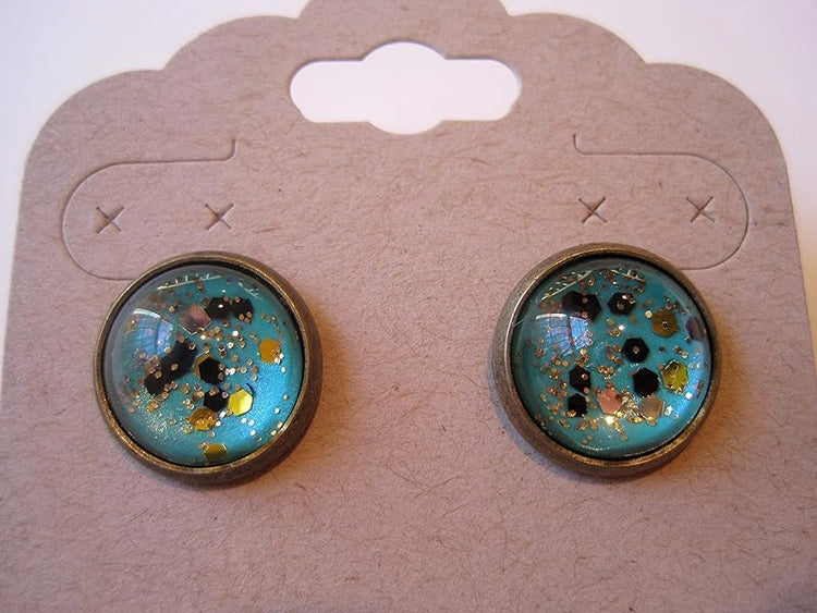 Summerfield Collection Antiqued Gold-tone Mint Green and Black Glitter Glass Stud Earrings Hand-painted 12mm