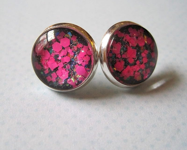 Summerfield Collection Silver-Tone Charcoal Gray and Neon Pink Glitter Glass Stud Earrings 12mm