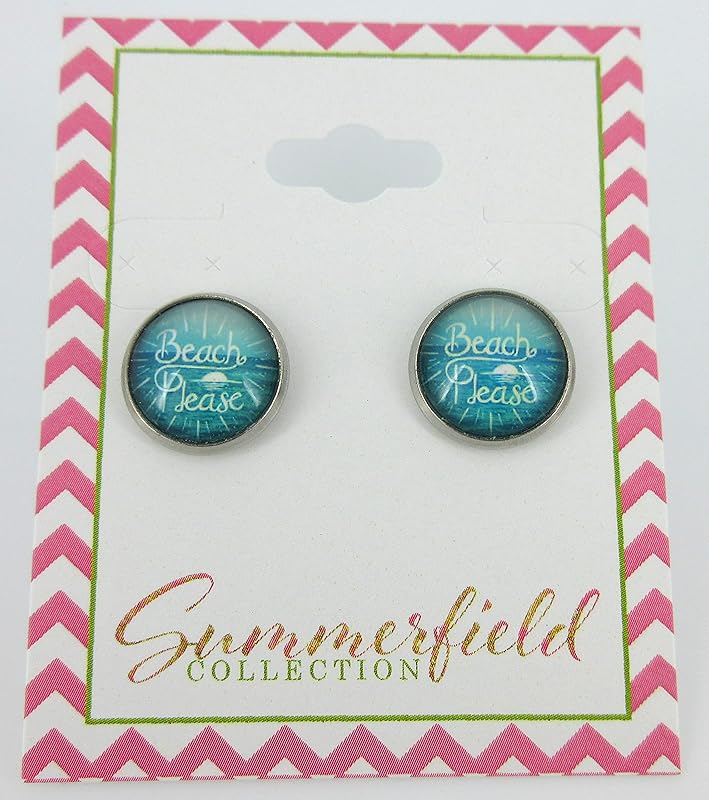 Summerfield Collection Stainless Steel Beach Please Print Glass Stud Earrings 12mm