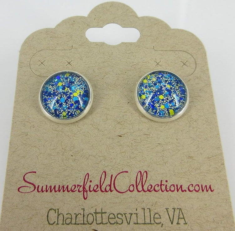 Summerfield Collection Silver-tone Blue Yellow Holographic Glitter Glass Stud Earrings Hand-painted 12mm