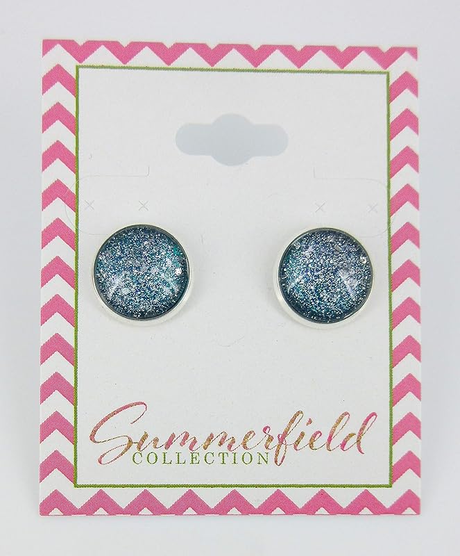 Summerfield Collection Silver-tone Twinkle Glitter Glass Galaxy Stud Earrings Hand-painted 12mm (Teal Green/Blue)