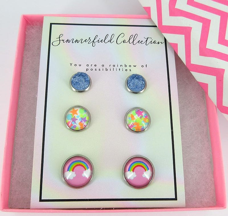 Summerfield Collection Stainless Steel Rainbow of Possibilities Trio Stud Earrings Set Faux Druzy Glass