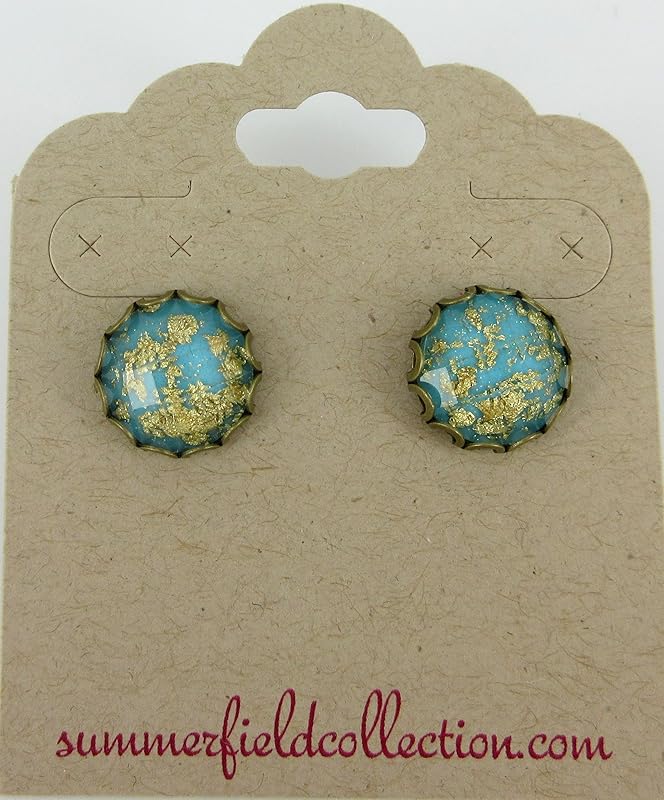 Summerfield Collection Antiqued Gold-tone Faceted Resin Leaf Foil Stud Earrings 12mm (Aqua Blue)