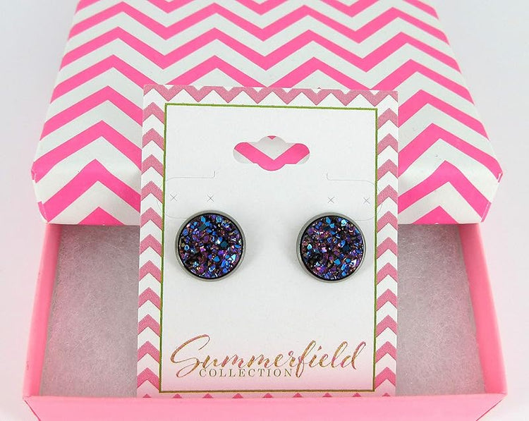 Summerfield Collection Hematite-tone Faux Druzy Stone Stud Earrings 12mm (Purple Pink and Teal)