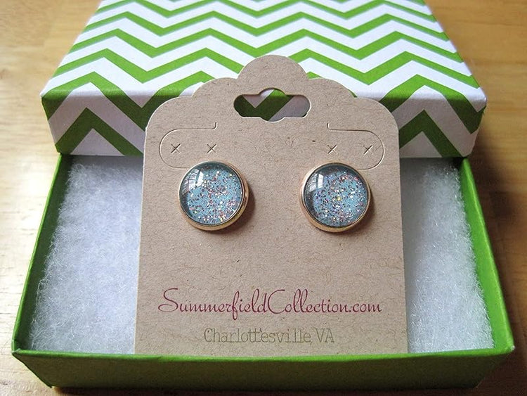 Summerfield Collection Glitter Glass Rose Gold-Tone Galaxy Stud Earrings Blue Sky Iridescent