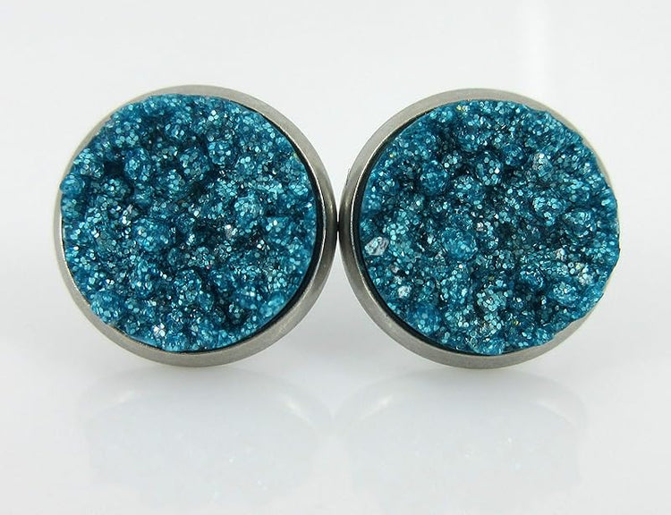 Summerfield Collection Duo Stainless Steel Glitter Faux Druzy Stone Stud Earrings Set (Lilac Purple/Aqua Blue) 12mm