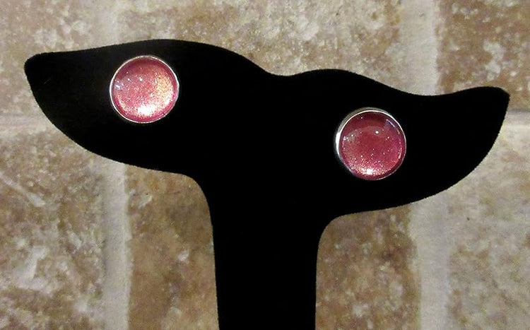 Summerfield Collection Silver-tone Pink and Gold Shimmer Glitter Glass Stud Earrings Hand-painted 12mm