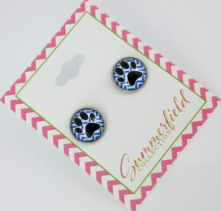 Summerfield Collection Stainless Steel Chevron and Black Paw Print Glass Stud Earrings 12mm (Royal Blue)