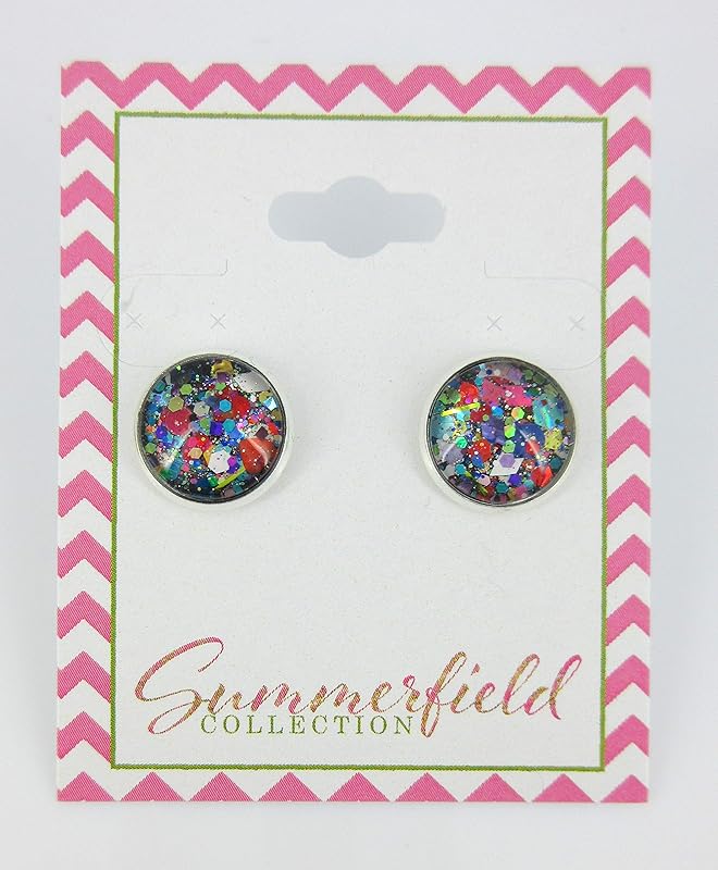 Summerfield Collection Silver-Tone Black and Multi-Color Confetti Glitter Glass Stud Earrings 1/2" Round