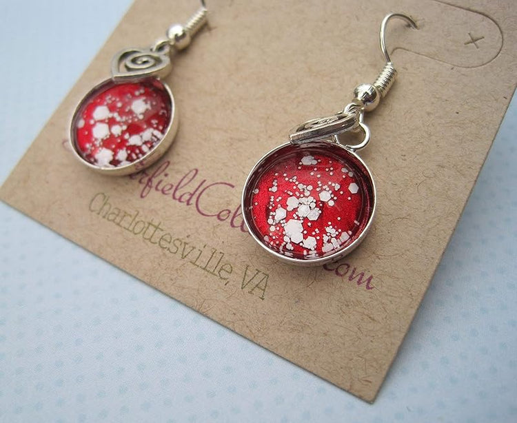 Summerfield Collection Silver-tone Red and White Glitter Glass Swirl Heart Charm Dangle Earrings Hand-painted