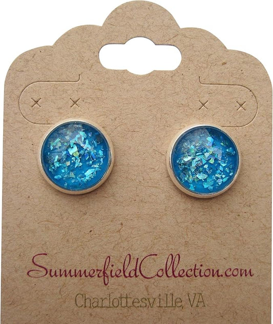 Summerfield Collection Silver-Tone Aqua Blue Shard Glitter Glass Stud Earrings 1/2" Round