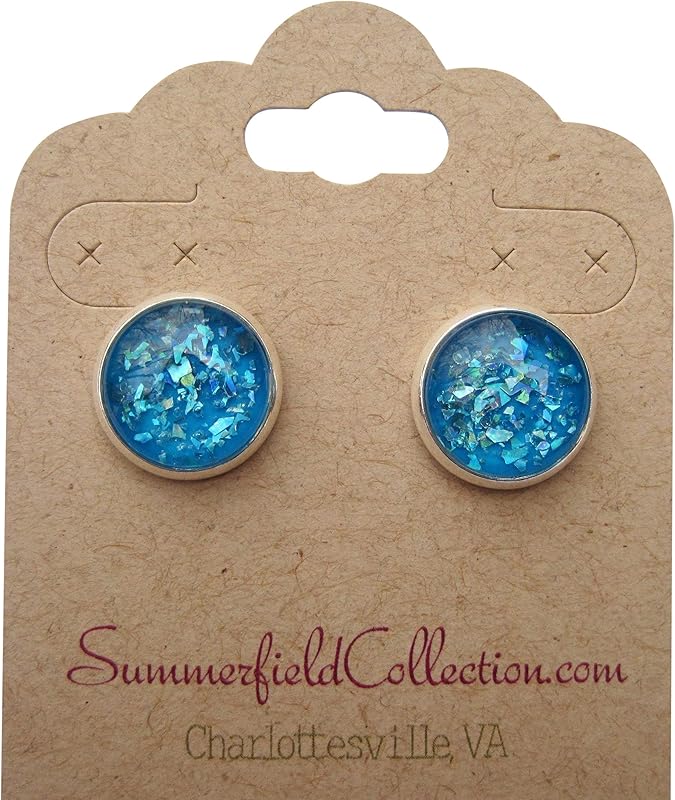 Summerfield Collection Silver-Tone Aqua Blue Shard Glitter Glass Stud Earrings 1/2" Round