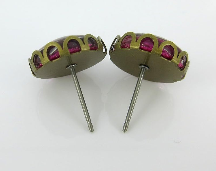 Summerfield Collection Antiqued Gold-tone Bright Pink Glitter Glass Stud Earrings 12mm Hand-painted