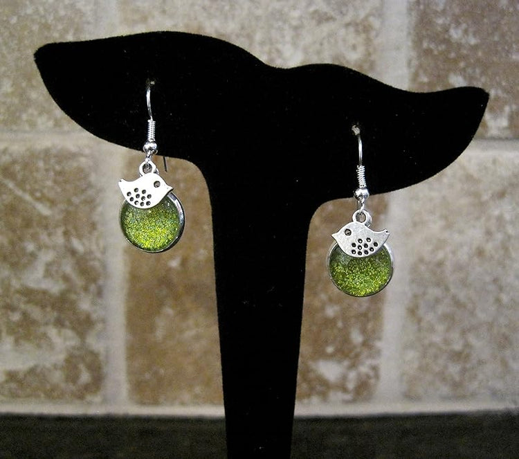 Summerfield Collection Silver-tone Yellow Green Glitter Glass Bird Charm Dangle Earrings Hand-painted