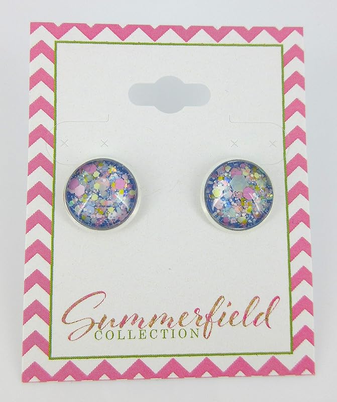 Summerfield Collection Silver-Tone Blue Pastel Periwinkle Glitter Glass Stud Earrings 1/2" Round