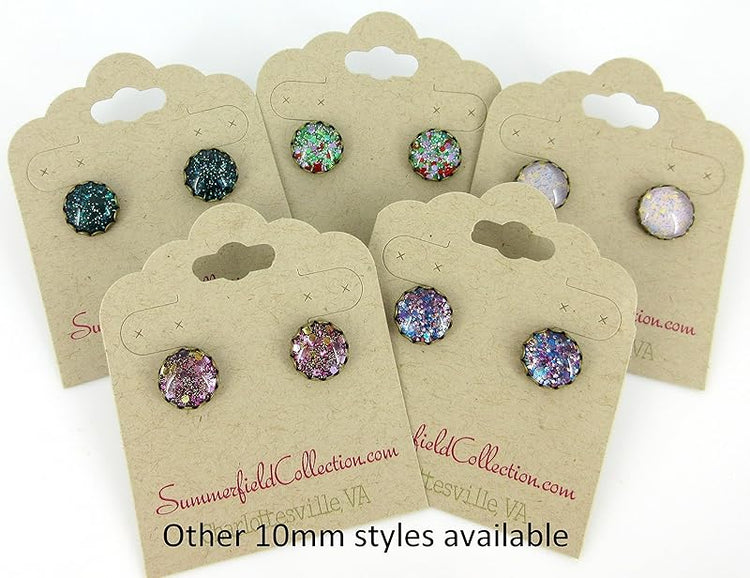 Summerfield Collection Antiqued Gold-tone Dark Teal Green Glitter Glass Stud Earrings Hand-painted 10mm