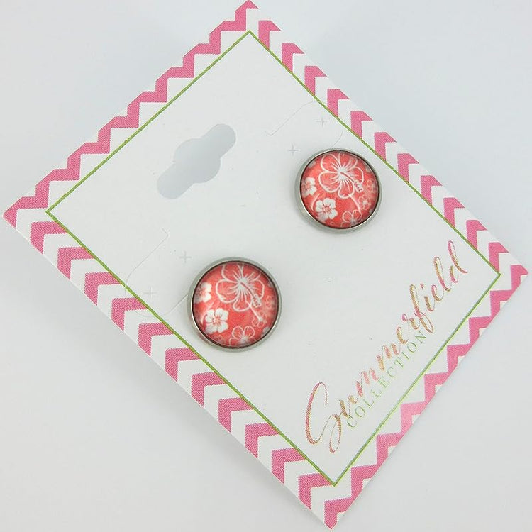 Summerfield Collection Stainless Steel Hibiscus Flower Print Glass Stud Earrings 12mm Hawaiian (Coral Peach Pink)