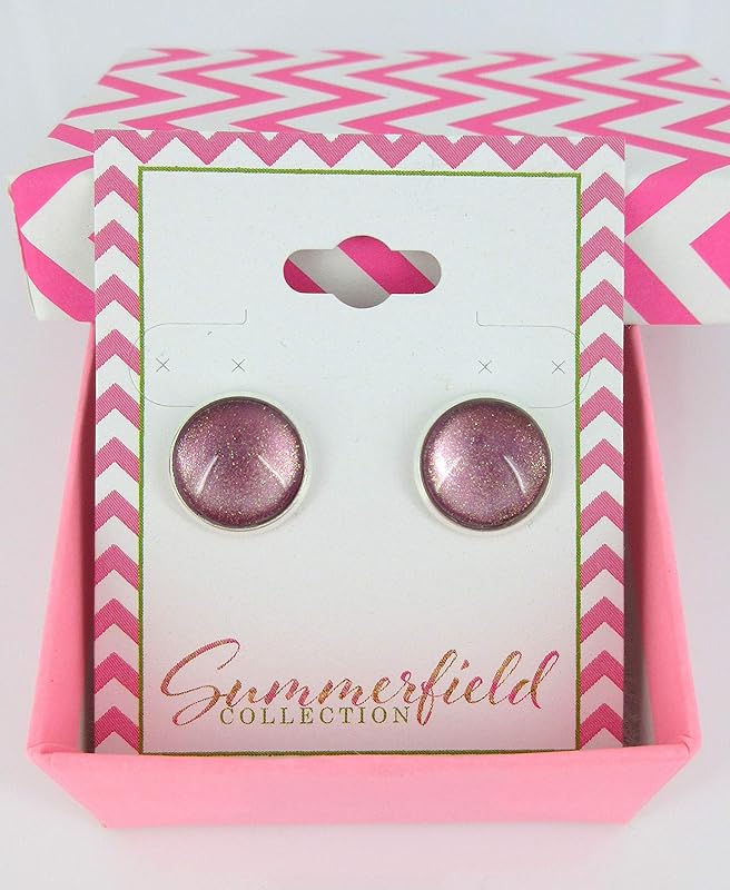 Summerfield Collection Silver-tone Metallic Mauve Glitter Glass Stud Earrings Hand-painted 12mm