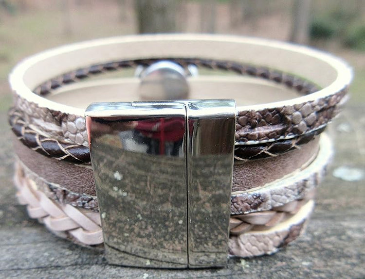 Summerfield Collection Interchangeable Snap Bracelet 3 Charm Set Brown Glitter Glass Layered Leather