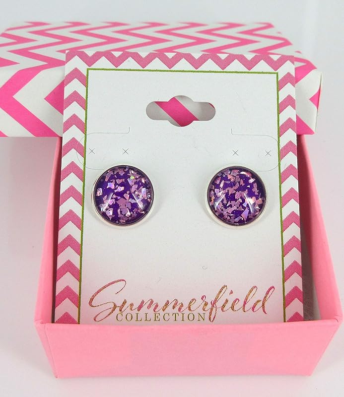 Summerfield Collection Silver-tone Purple Shard Glitter Glass Stud Earrings Hand-painted 12mm