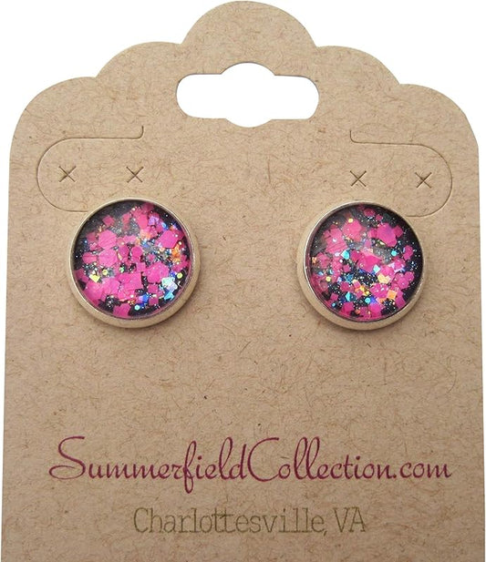 Summerfield Collection Silver-Tone Charcoal Gray and Neon Pink Glitter Glass Stud Earrings 12mm