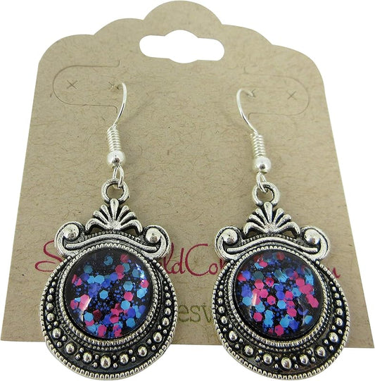 Summerfield Collection Antiqued Silver-tone Blue Purple Pink Chunky Glitter Glass Dangle Earrings Hand-painted
