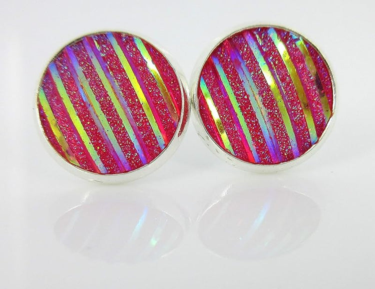 Summerfield Collection Silver-tone Frosted Metallic Stripe Stud Earrings 12mm (Pink AB)