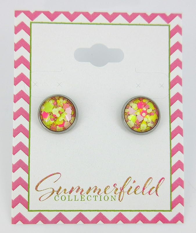 Summerfield Collection Stainless Steel Strawberry Lemonade Glitter Glass Stud Earrings Hand-painted 10mm