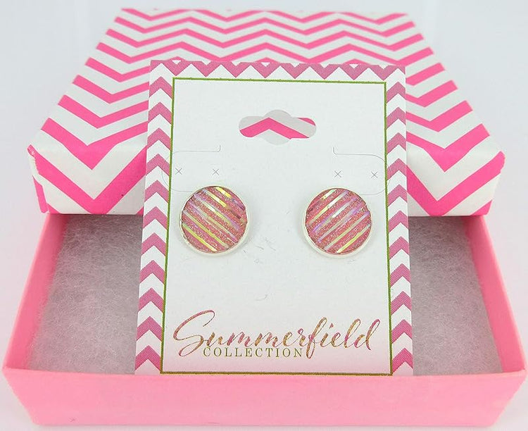 Summerfield Collection Silver-tone Frosted Metallic Stripe Stud Earrings 12mm (Light Pink AB)