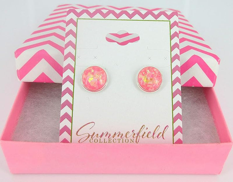 Summerfield Collection Shiny Silver-tone Opalescent Leaf Resin Stud Earrings 10mm (Cotton Candy Pink)