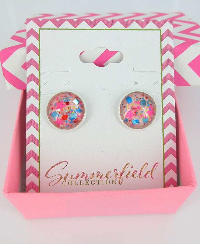 Summerfield Collection Silver-tone Bubblegum Pink Confetti Glitter Glass Stud Earrings Hand-painted 12mm