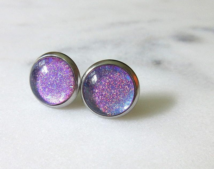 Summerfield Collection Stainless Steel Blue Purple Glitter Glass Stud Earrings Hand-painted 10mm