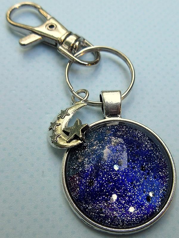 Summerfield Collection Antiqued Silver-tone Glitter Glass Galaxy Keychain Moon and Star Charm Hand-painted