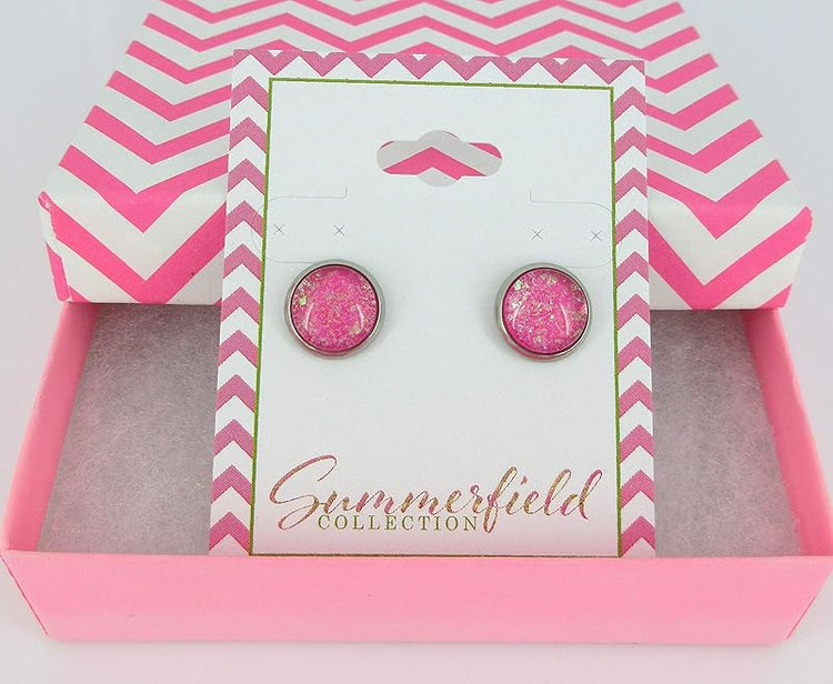 Summerfield Collection Stainless Steel Hot Pink and Iridescent Glitter Glass Stud Earrings Hand-painted 10mm