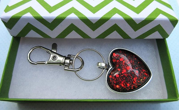 Summerfield Collection Antiqued Silver-tone Black and Red Duochrome Glitter Glass Heart Keychain Hand-painted