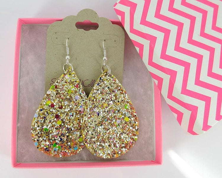 Summerfield Collection Silver-tone Glitter Faux Leather Large Teardrop Dangle Earrings (Gold and Rainbow)
