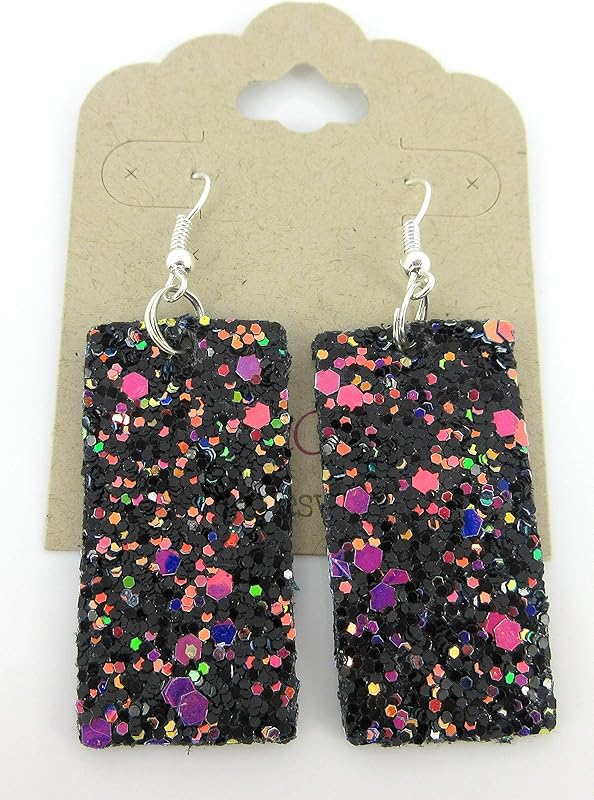 Summerfield Collection Silver-tone Glitter Faux Leather Large Rectangle Dangle Earrings (Black and Rainbow)