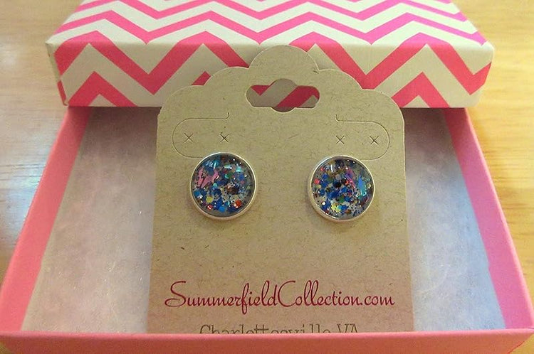 Summerfield Collection Silver-tone Gray and Multi Color Confetti Glitter Glass Stud Earrings Hand-painted 12mm