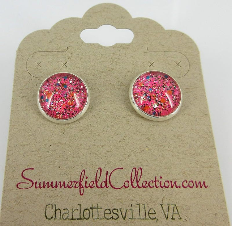 Summerfield Collection Silver-tone Hot Pink and Multi Color Glitter Glass Stud Earrings Hand-painted 12mm